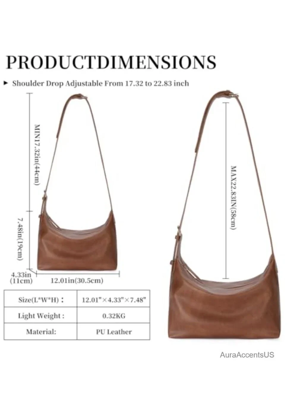 Faux Leather Hobo Handbag with Adjustable Crossbody Strap, Large Capacity Tote
